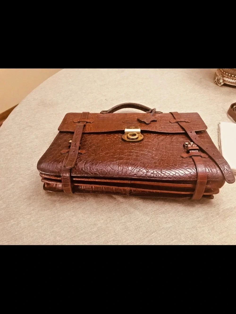 Mulberry Dark Brown Croc-Embossed Leather Briefcase with Gold Hardware